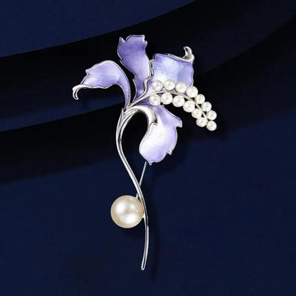 Purple Iris Flower Brooch For Women Shiny Pearl Enamel Pin Elegant Wedding Banquet Jewelry Gift