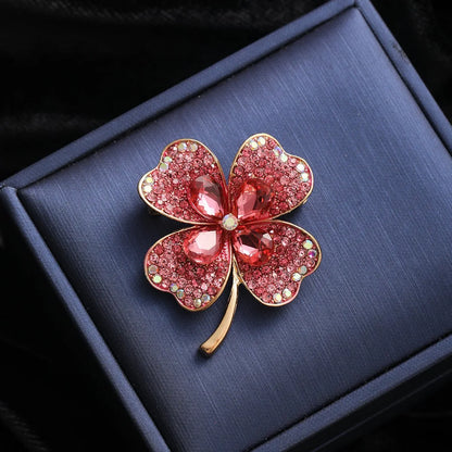 Rhinestone Clover Brooches For Women Green Pink Green Red Color Pin Flower Plant Jewelry Pin Accessories
