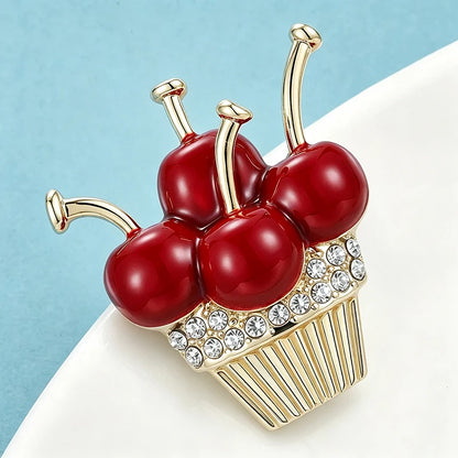 Wuli&baby Adorable Cherry Cupcake Brooches For Women Unisex Rhinestone Enamel Fruits Dessert Party Brooch Pins New Year Gifts