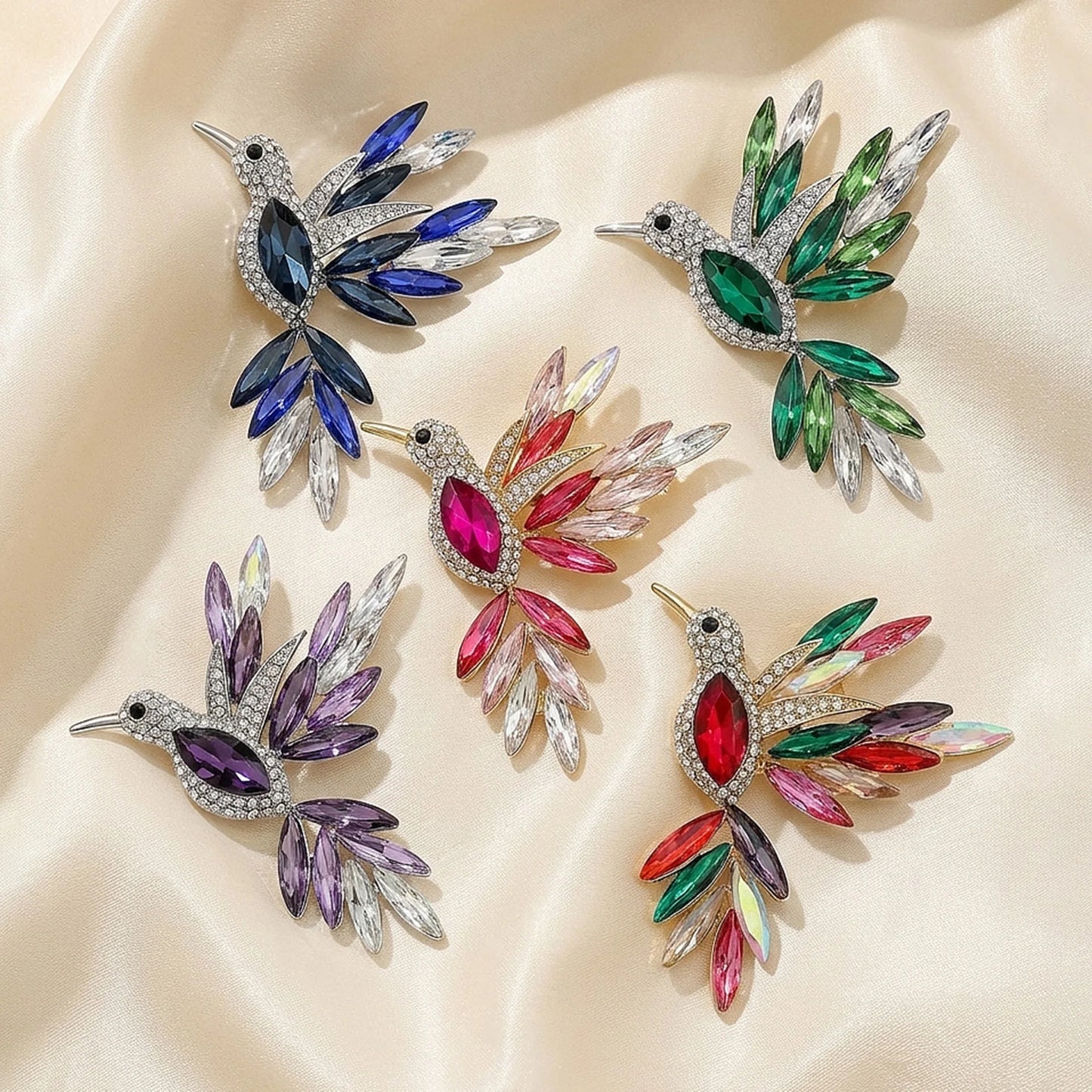Beaut&Berry Luxury Rhinestone Hummingbird Brooches for Women Unisex Animal Pins Casual Party Jewelry Accessories Gift Decoration