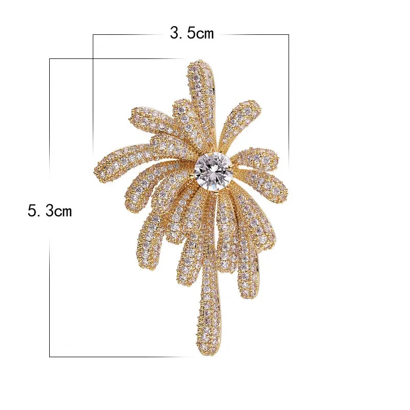 Luxury Firework Shape Full Rhinestone Brooch For Women Shiny Cubic Zirconia Starburst Pin Elegant Suit Coat Dress Accessory Gift