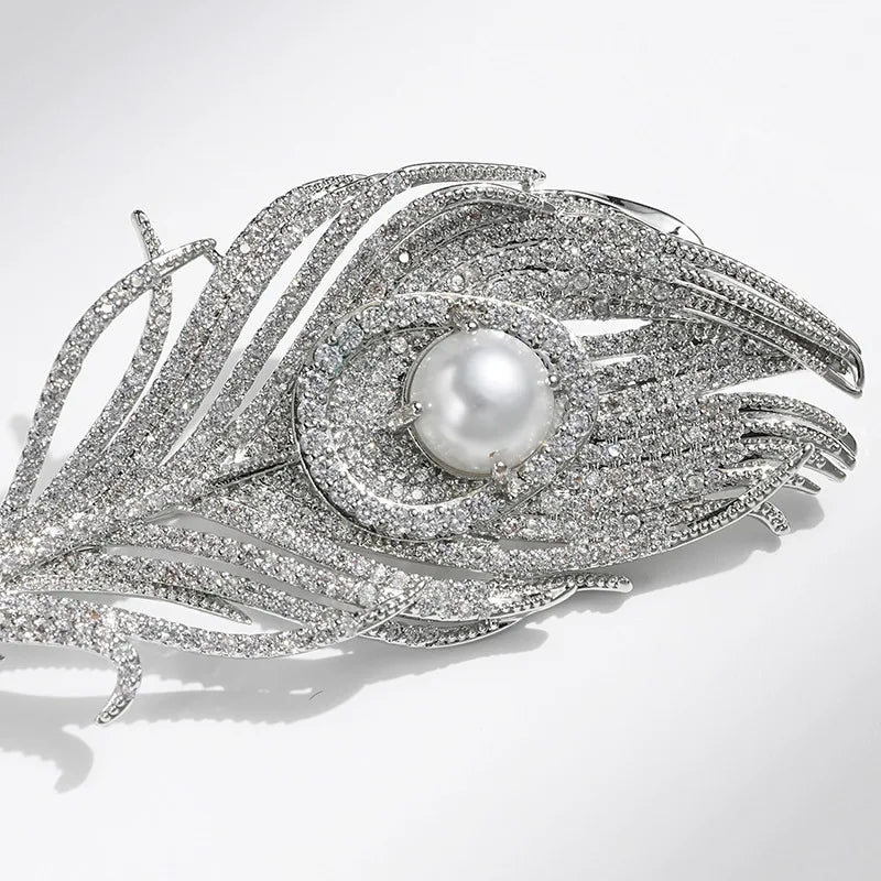 SKEDS Women Men Fashion Exquisite Crystal Feather Pearl Brooch Pin Elegant Classic Lady High-end Badges Accessories Gift