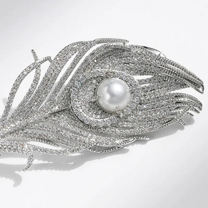 SKEDS Women Men Fashion Exquisite Crystal Feather Pearl Brooch Pin Elegant Classic Lady High-end Badges Accessories Gift