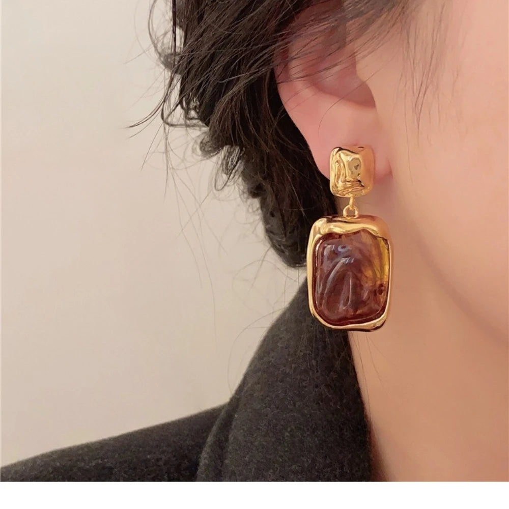 Trendy Geometric Acrylic Drop Earrings Retro Marbled Design Elegant Womens Jewelry
