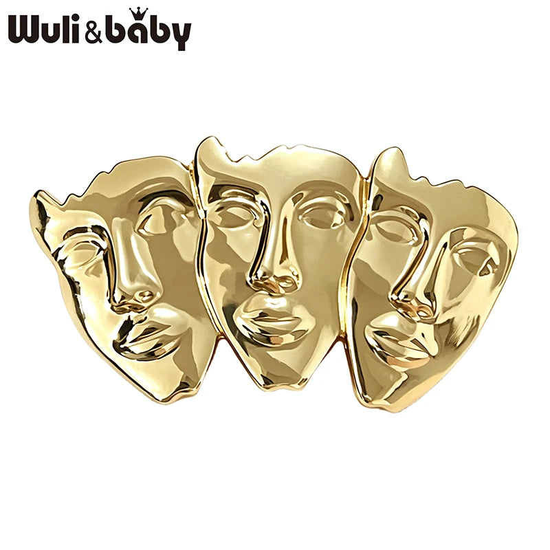 Wuli&baby Art Three Faces Brooches For Women Unisex 2-color Alloy Beautiful Face Figure Office Party Brooch Pins Gifts