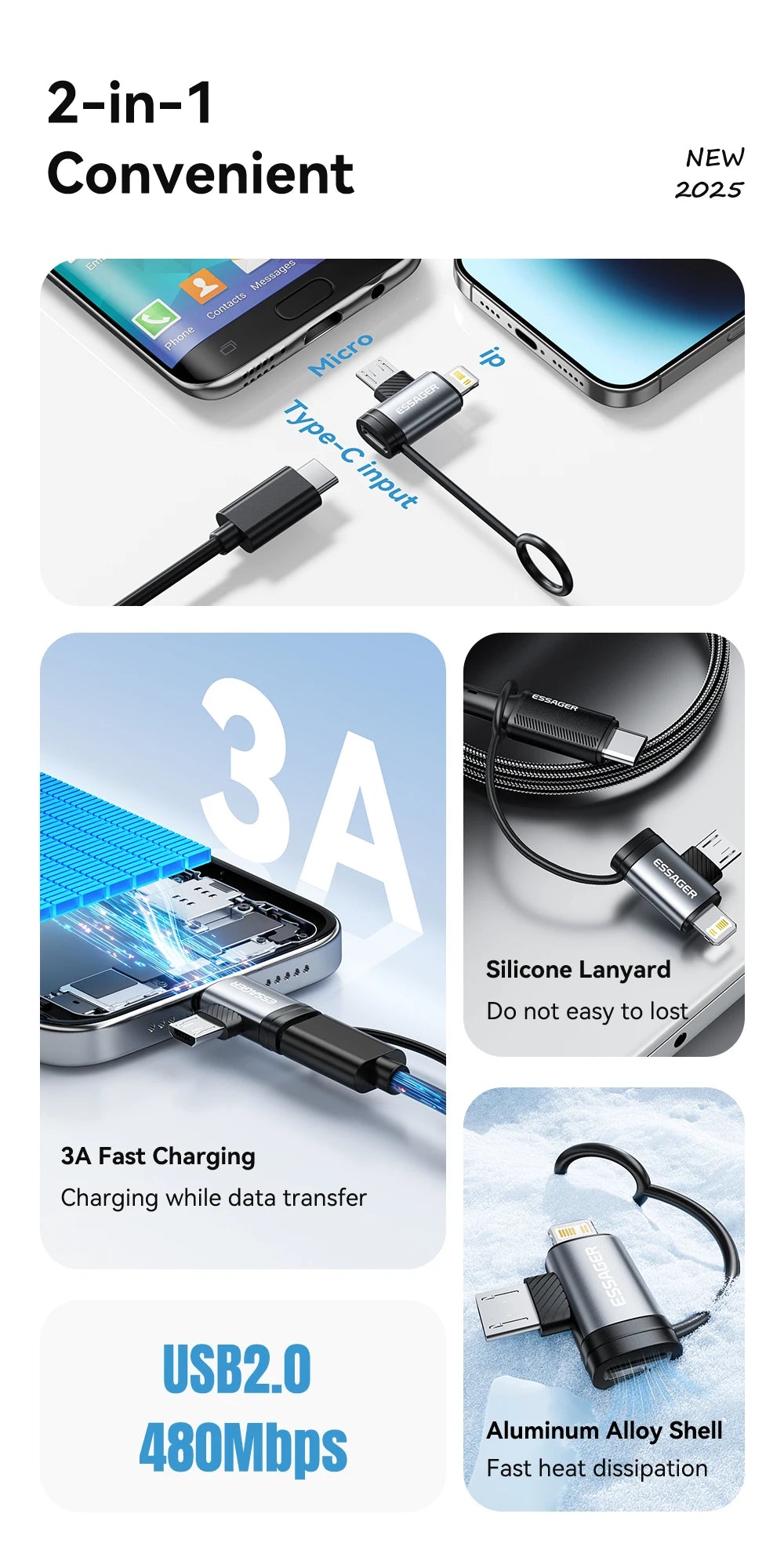 Essager 2 IN 1 Lighting/Micro Adapter Fast Charging USB Type C Female Connector For iPhone 17 16 15 14 13 12 11 IPad Converter