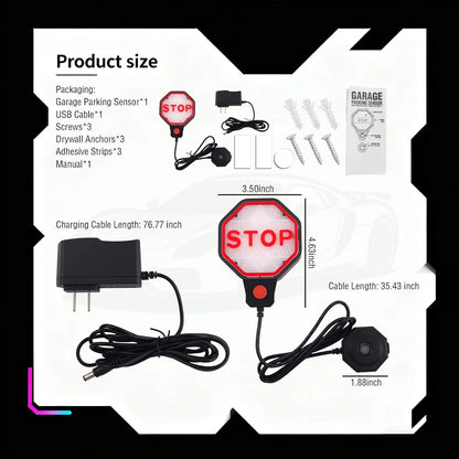 Garage Parking Sensor: Ultra-Precise LED Guidance with Fully Adjustable Stopping Point 6in to 6.5ft - Dual-Power Flexibility