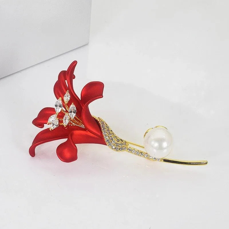 Luxury Red Enamel Lily Bouquet Brooch Rhinestone Plant Pin For Women Unisex Party Fashion Jewelry Accessories Gift