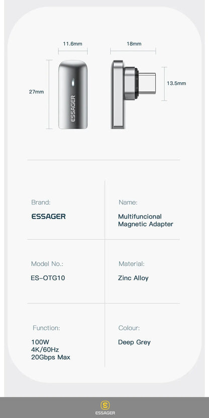 Essager PD 100W Magnetic USB C OTG Adapter Fast Charging Type C Magnet Connector 20Gbp Data Sync 4K@60Hz For Macbook Laptop