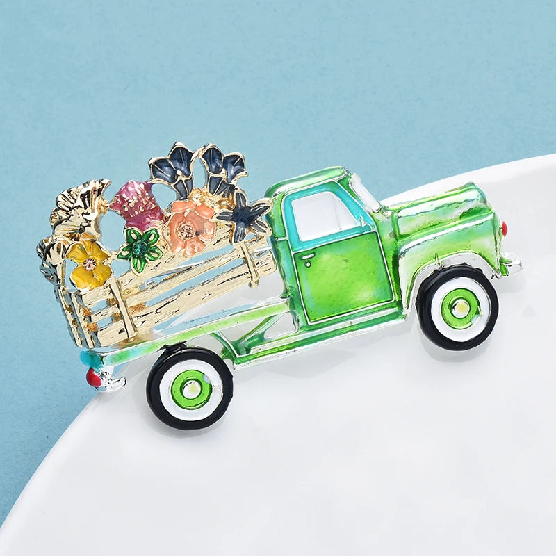 Wuli&baby Enamel Flowers On Green Truck Brooches Metal Badge Gift For Kid And Family Jewelry Accessory Pin