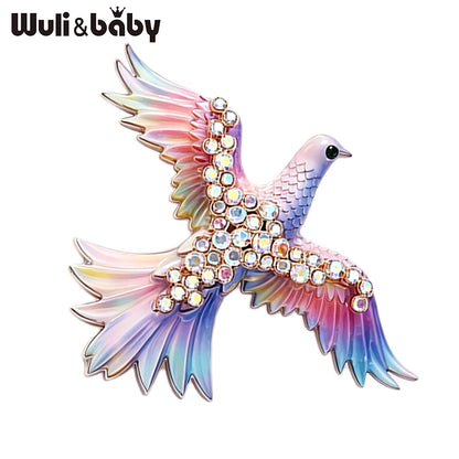 Wuli&baby Flying Pigeon Brooches For Women Unisex 3-color Rhinestone Enamel Peaceful Dove Bird Animal Brooch Pin Fashion Gifts
