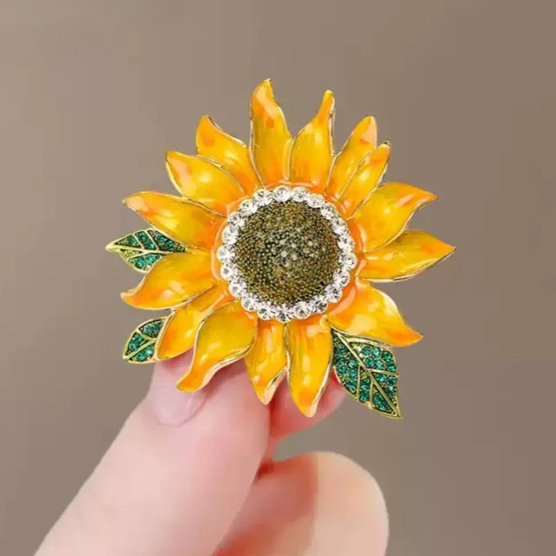 Sunflower Brooch for Women Enamel Rhinestone Flower Pin Elegant Suit Accessory for Wedding Party Gift