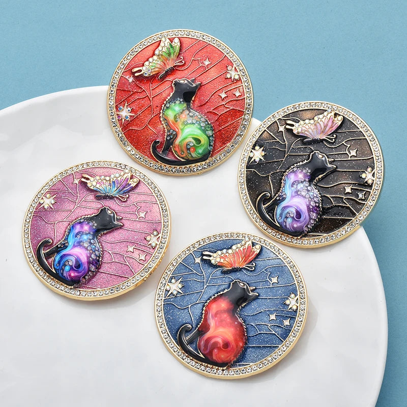 Wuli&baby Lovely Butterfly And Cat Brooches 4-color Alloy Enamel Animal Round Brooch For Women Children's Clothes Pins Badge