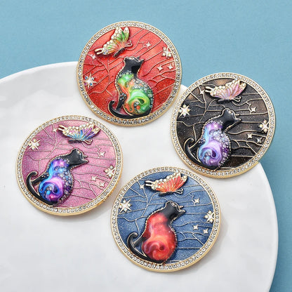 Wuli&baby Lovely Butterfly And Cat Brooches 4-color Alloy Enamel Animal Round Brooch For Women Children's Clothes Pins Badge