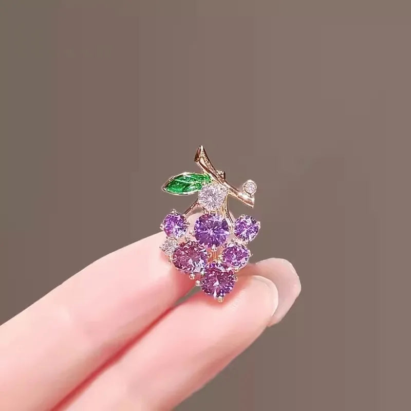 Purple Green Crystal Zircon Grape Brooches For Women Cute Fruit Brooch Suit Coat Lapel Pin Badge Clothing Accessories Jewelry