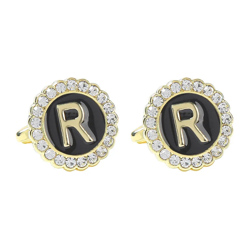 New Round Rhinestone Cufflinks for Men 26 English Letter Cuff Links Button French Business Accessories Gifts