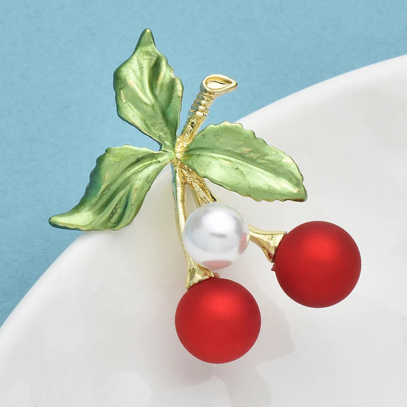 Wuli&baby Cute Red Cherry Brooches Pins For Women Unisex Beautiful Enamel Fruits Plants Party Casual Brooch Gifts