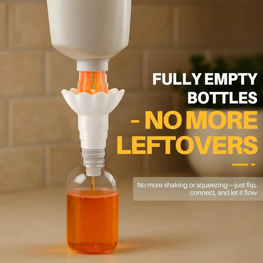Universal Bottle Emptying Kit - Reusable Liquid Transfer Connector with No Waste Funnel Adapter, Compatible with Soap, Shampoo