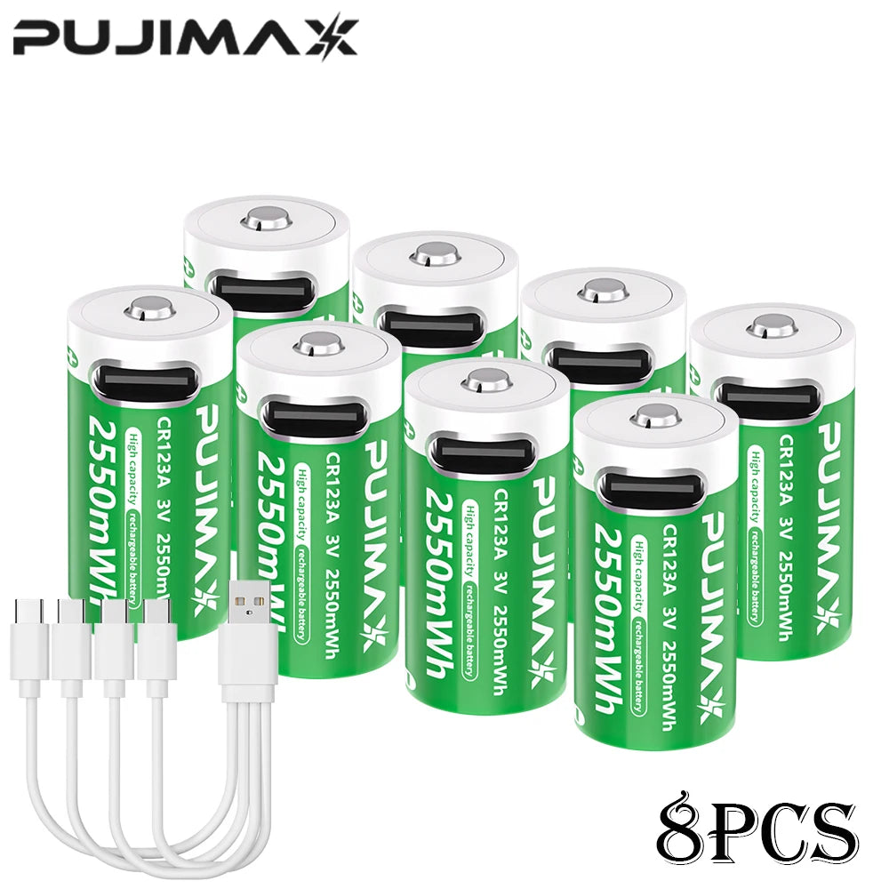 PUJIMAX CR123A Batteries With USB-C Fast Charging Cable-High Capacity 2550mWh Li-ion Polymer Cells For Flashlights Cameras
