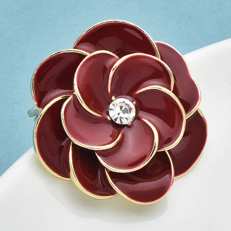 Wuli&baby Red Enamel Camellia Flower Brooches For Women Unisex Clothes Backpack's Brooch Pins Gifts