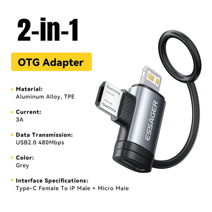 Essager 2 IN 1 Lighting/Micro Adapter Fast Charging USB Type C Female Connector For iPhone 17 16 15 14 13 12 11 IPad Converter