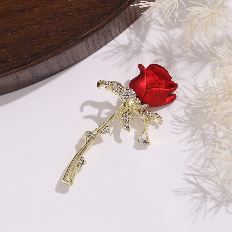 Shiny Rhinestone Red Rose Flower Brooches for Women Elegant Exquisite Suit Dress Flower Branch Lapel Pins Wedding Badge Jewelry