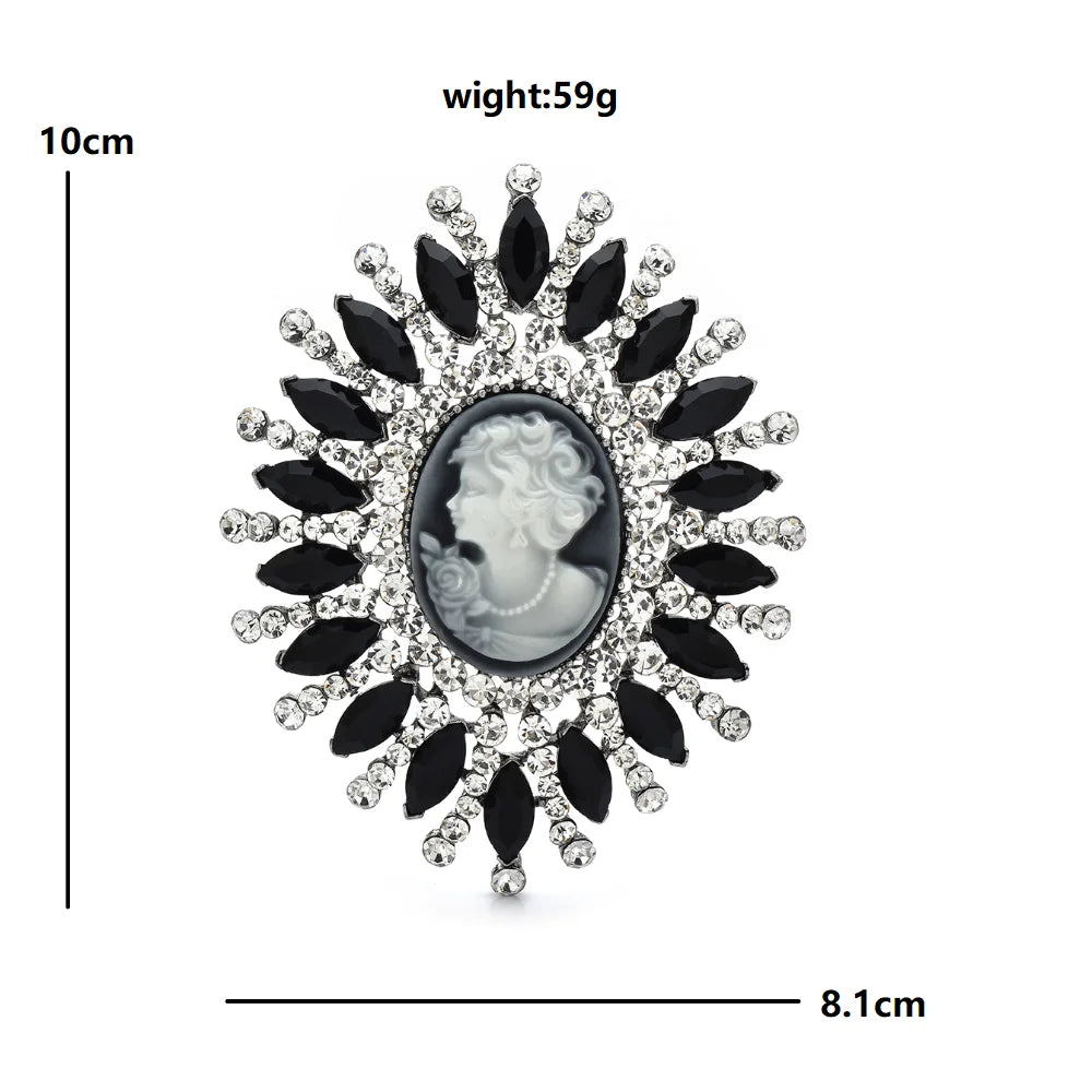Wuli&baby Huge Rhinestone Lady Portrait Round Brooches 2-color Big Beautiful Lady Picture Brooch For Women's Winter Clothes Pins