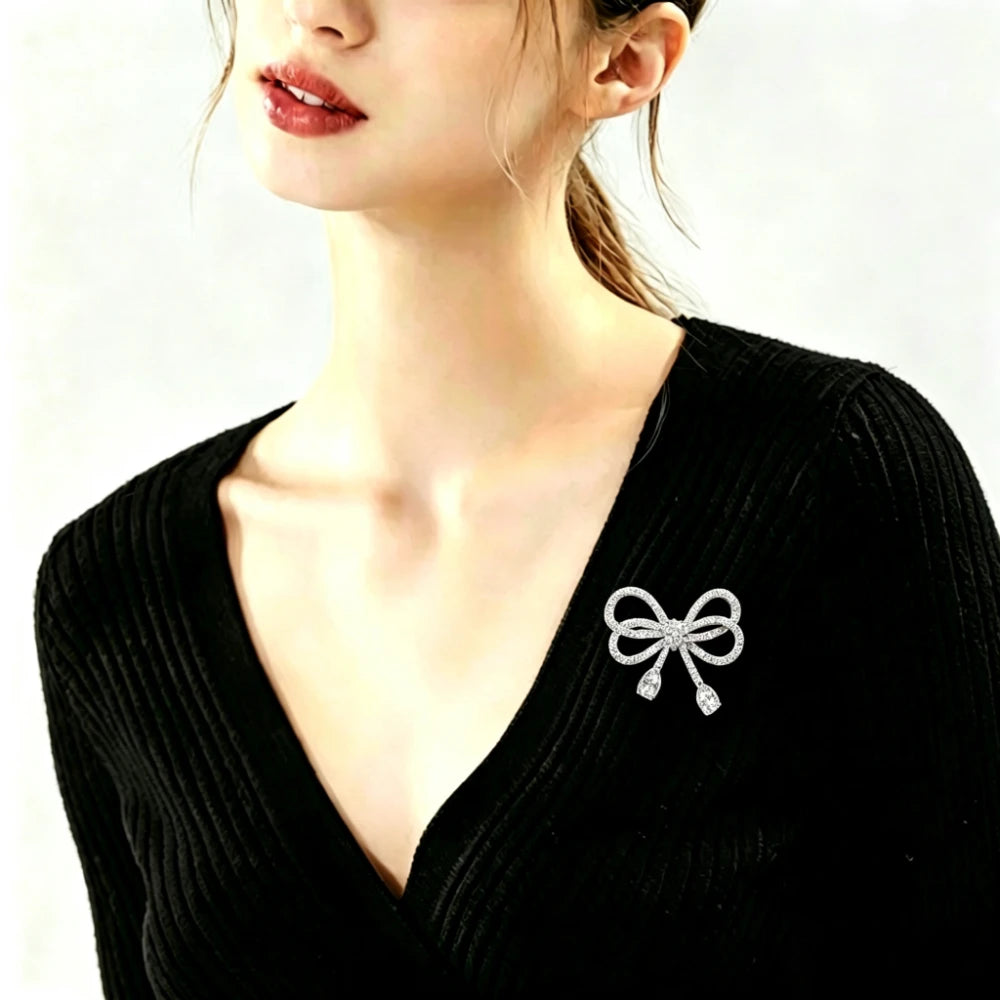 Elegant Bowknot Water Drop Brooches Buckle Pin for Girl Bridal Shiny CZ Crystal Bow Knot Ribbon Jewelry for Wedding Party