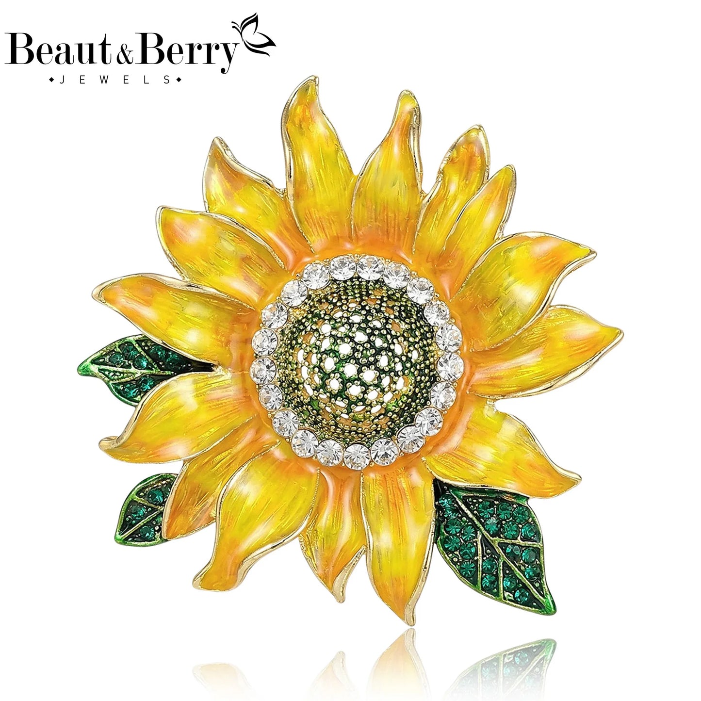 Beaut&Berry Luxury Enamel Sunflower Brooches for Women Unisex Plant Pins Casual Party Jewelry Accessories Gifts Decoration