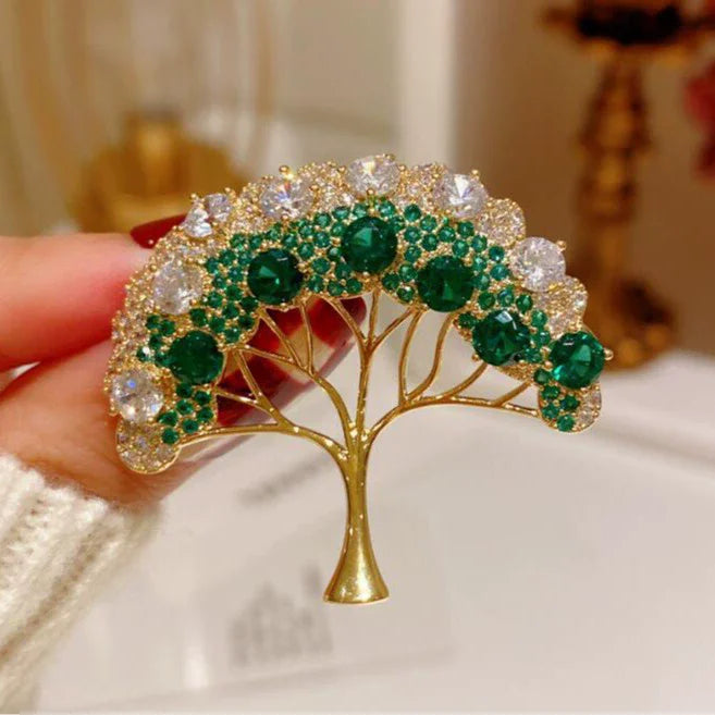 Elegant Tree of Life Brooch For Women Men Exquisite Green Crystal Zircon Tree Badges Brooches Shining Boutique Plant Decoration