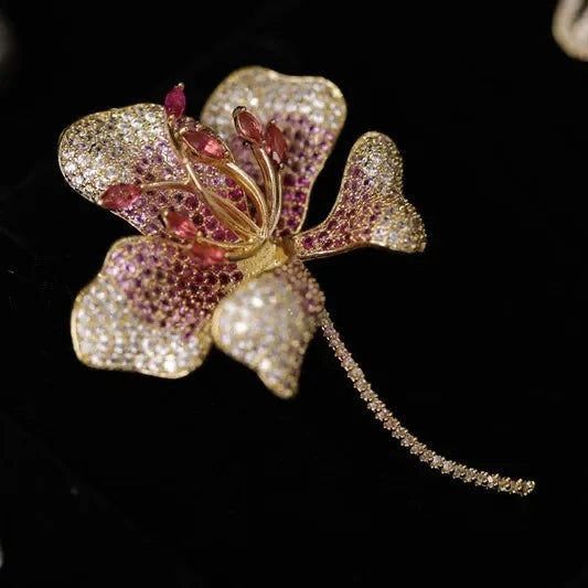 Elegant Luxury Zirconia Brooch Pin Jacket Accessory Hibiscus Flower High End Chest Flower Pin Chinese Traditional Jewelry