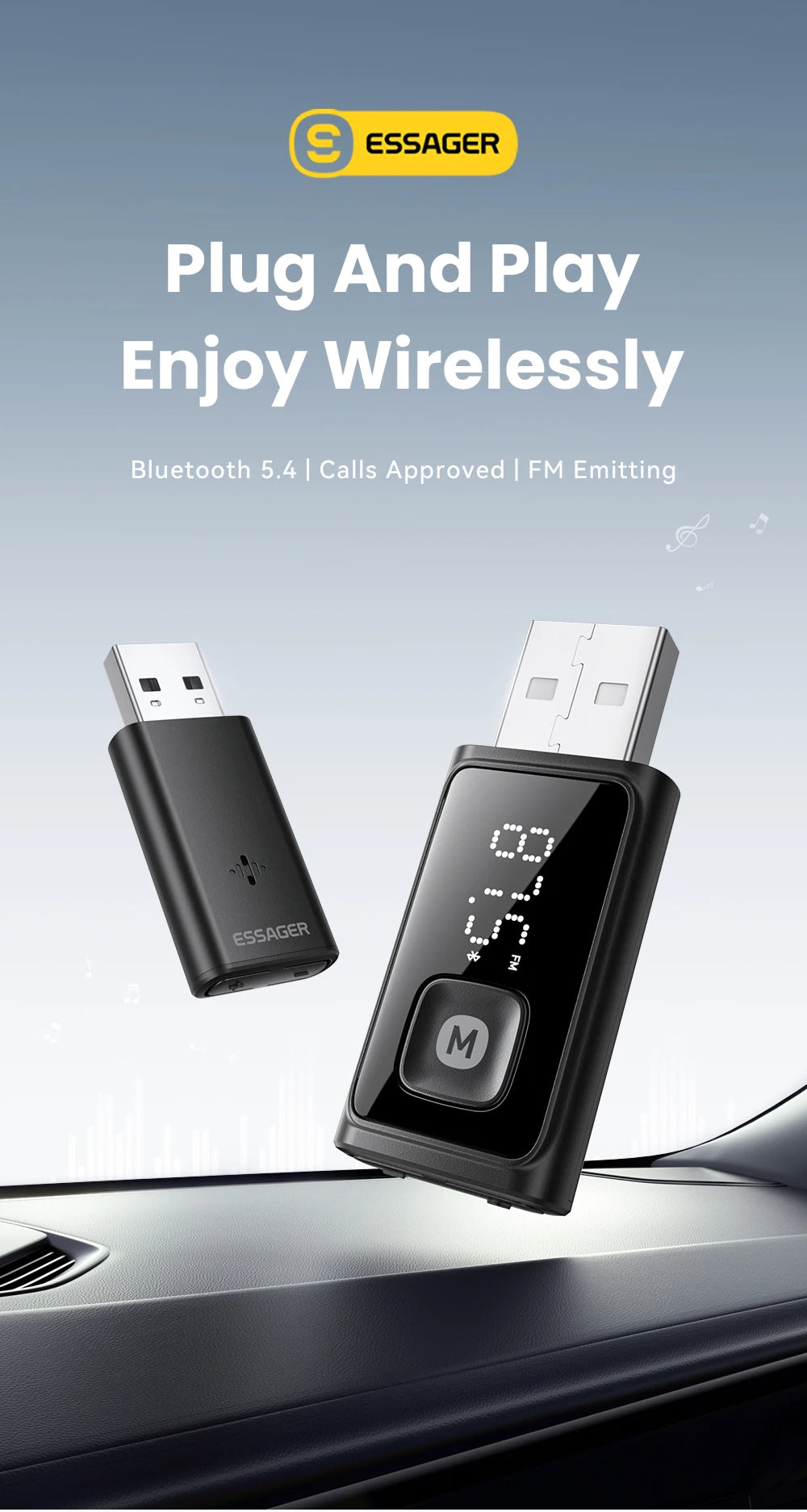 Essager Wireless Bluetooth 5.4 Car Adapter FM Transmitter Adapter Auto Connection Audio Receiver Auto Stereo Mic Car Adapter