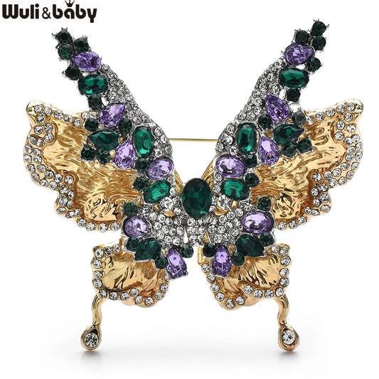 Wuli&baby Luxury Double-layer Butterfly Brooches For Women Lady 3-color Rhinestone Big Beautiful Insects Party Office Brooch Pin