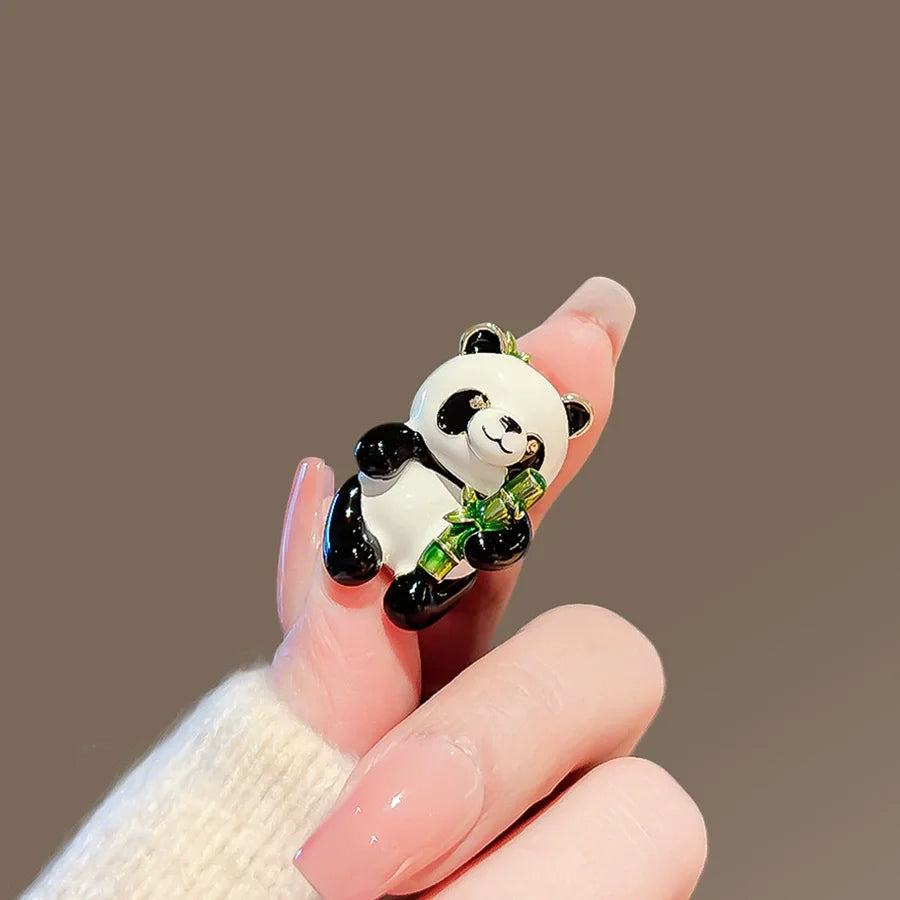 Cute Cartoon Enamel Panda Brooch Luxury Crystal Bamboo Animal Pins Women Men Badge Jewelry Hat Coat Accessories Party Gift