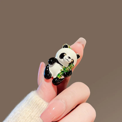 Cute Cartoon Enamel Panda Brooch Luxury Crystal Bamboo Animal Pins Women Men Badge Jewelry Hat Coat Accessories Party Gift