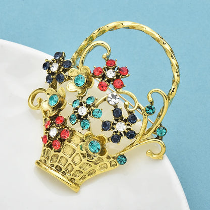 Wuli&baby Vintage Beautiful Flower Basket Brooches Alloy Rhinestone Plants Party Casual Brooch Pins Gifts