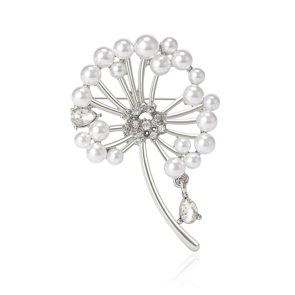 Beaut&Berry Classic Rhinestone Dandelion Brooches for Women Pearl Plant Pins Casual Party Accessories Gifts Friends Decoration