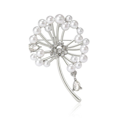 Beaut&Berry Classic Rhinestone Dandelion Brooches for Women Pearl Plant Pins Casual Party Accessories Gifts Friends Decoration