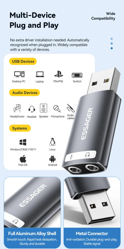Essager USB Sound Card External 3.5mm USB Adapter Mic Headphone  Audio  Adapter Speaker Interface For Laptop Computer PS5 PS4