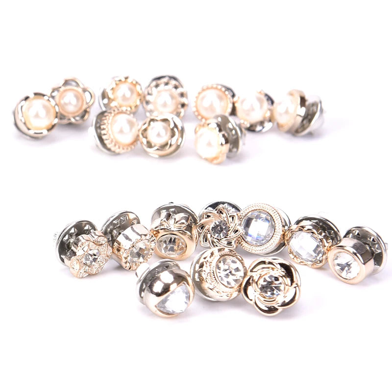 10Pcs Mini Pearl & Crystal Flower Brooch Set – Stylish Suit, Shirt, & Lapel Collar Pins for Women, Elegant Button Accessories