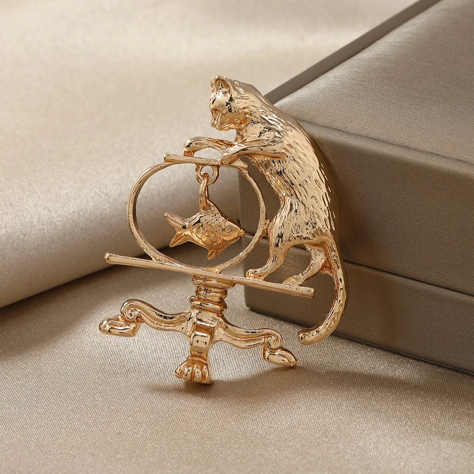 Rhinestone Bowknot Cat Brooch Cute Kitten Looking Fish Pins New Year Jewelry