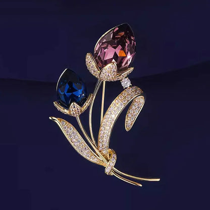 Ladies Novelty Retro Twin Flower Brooch High-grade Women's Exquisite Crystal Flower Corsage Anti-slip Pin Suit Accessories