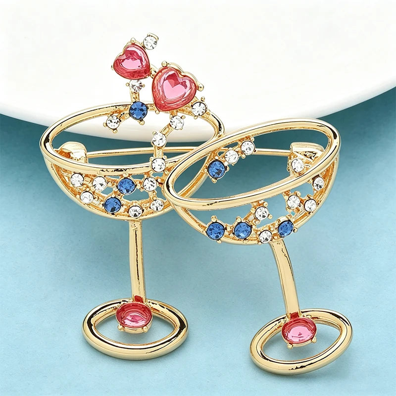 Wuli&baby Heart Goblet Brooches For Women Unisex Metal Rhinestone Cheers Cup Party Casual Brooch Pins Gifts
