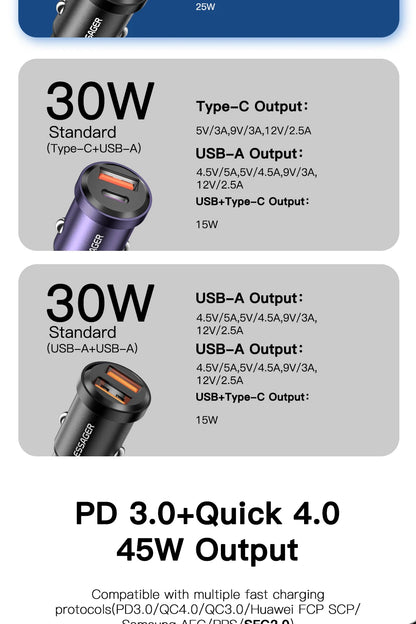 Essager USB C Car Charger 45W 5A Quick Charge 4.0 QC PD 3.0 SCP USB Type C Fast Charging For iPhone14 13 Huawei Samsung Xiaomi