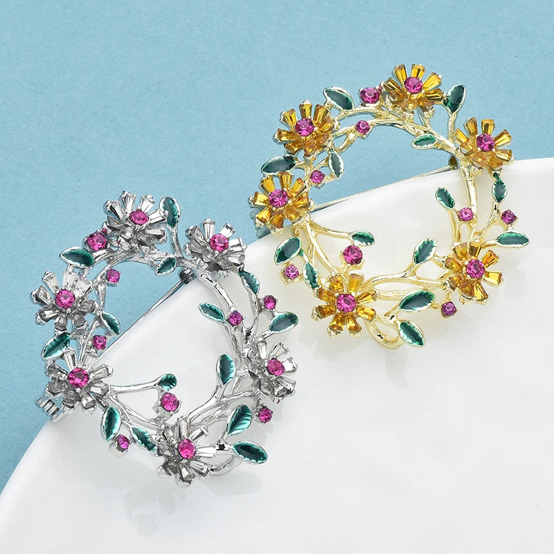 Wuli&baby Flower Wreath Brooches For Women Unisex 2-color Metal Rhinestone Circle Party Casual Brooch Pins Gifts