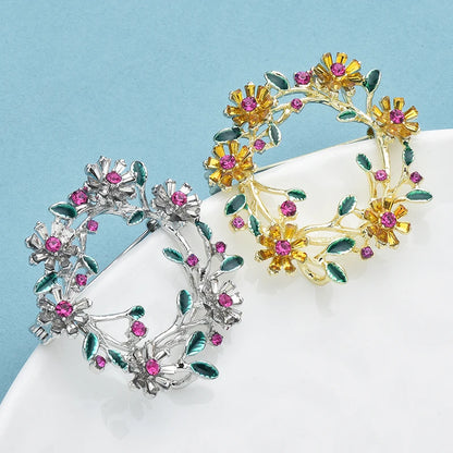 Wuli&baby Flower Wreath Brooches For Women Unisex 2-color Metal Rhinestone Circle Party Casual Brooch Pins Gifts
