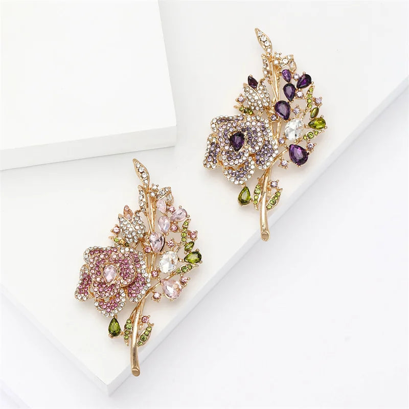 Vintage Pink Rhinestone Rose Bouquet Flower Brooches For Women Lady Elegant Water Drop Crystal Leaf Brooch Banquet Party Jewelry