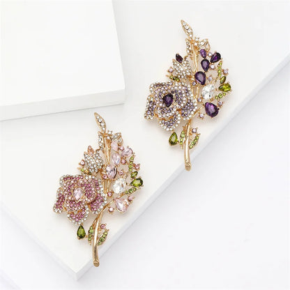 Vintage Pink Rhinestone Rose Bouquet Flower Brooches For Women Lady Elegant Water Drop Crystal Leaf Brooch Banquet Party Jewelry