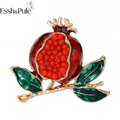 Essh&Pule Chinoiserie Pomegranate Brooch Red Enamel Rhinestone Fruit Lapel Pin Oriental Lucky Women Suit Coat Jewelry Gift