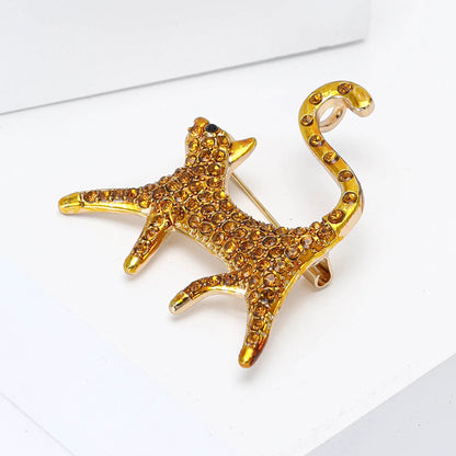 Cute Rhinestone Cartoon Cat with Tail Up Brooch For Women Men Kitten Animal Pets Suit Corsage Pin Jewelry Accessories Gift